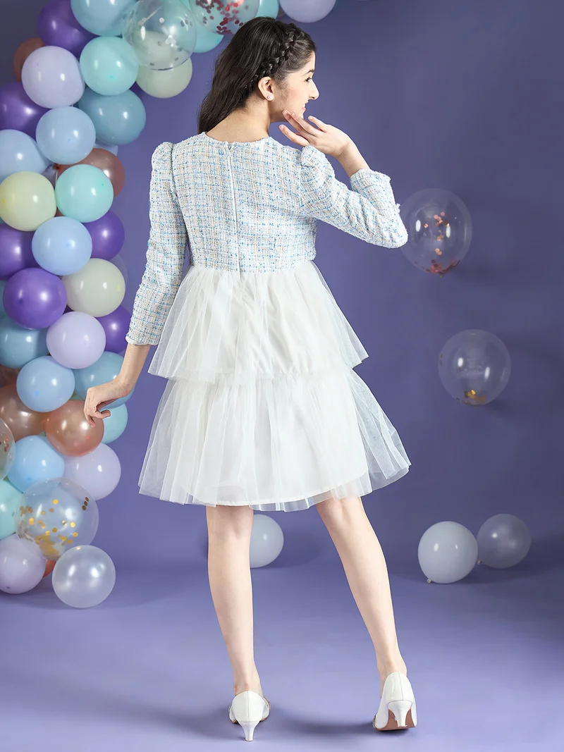 Cherry & Jerry Girl Fit and Flare Blue & White Checked Tweed & Mesh Knee Length Dress