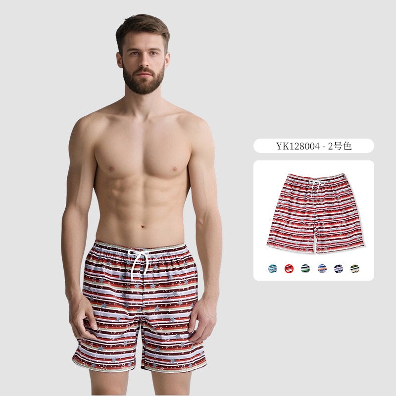 New Men''s Quarter-Striped Quick-Drying Swimming Trunks with Lace-Up Lining, Loose Casual Men''s Shorts, Size Beach Pants - Image 1