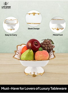 Life Smile LIFE SMILE Round Bone China Serving Bowl With Gold Stand  - Fruit Basket For Fruit Vegetable Storage Snack Nuts Cake Dessert  - Image 4