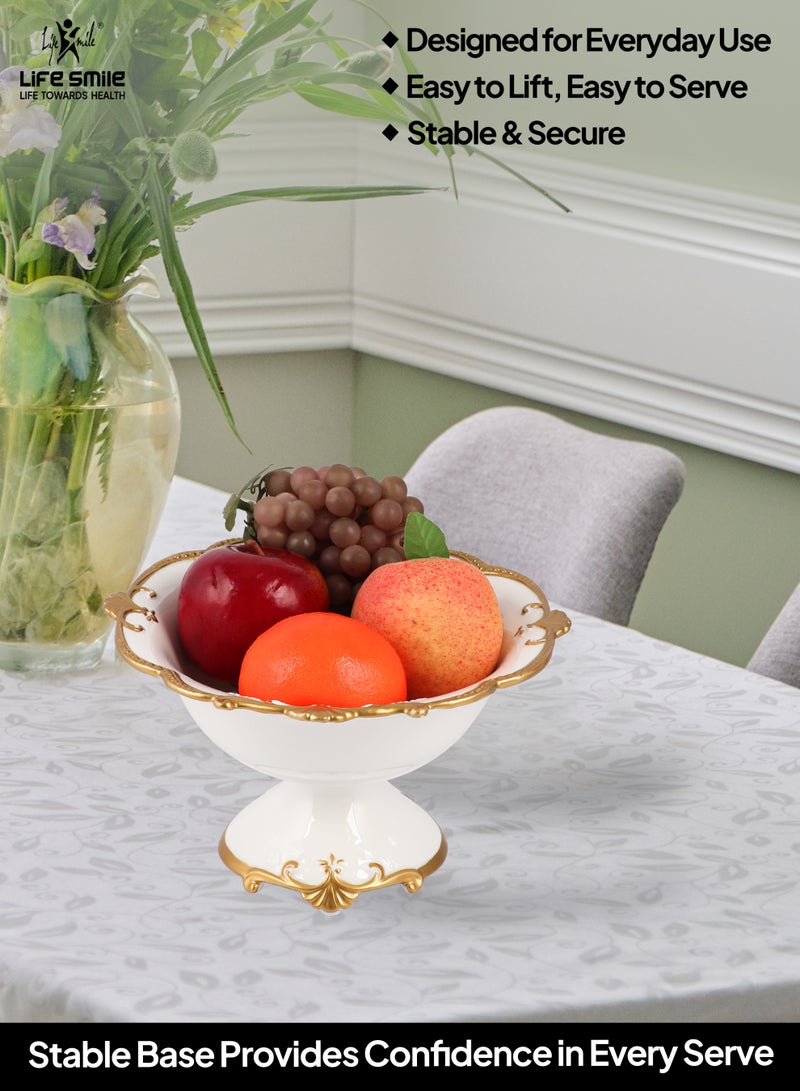 Life Smile وعاء تقديم دائري من البورسلين العظمي LIFE SMILE مع قاعدة ذهبية - سلة فواكه لتخزين الفواكه والخضروات والوجبات الخفيفة والمكسرات والكعك والحلويات - Image 5