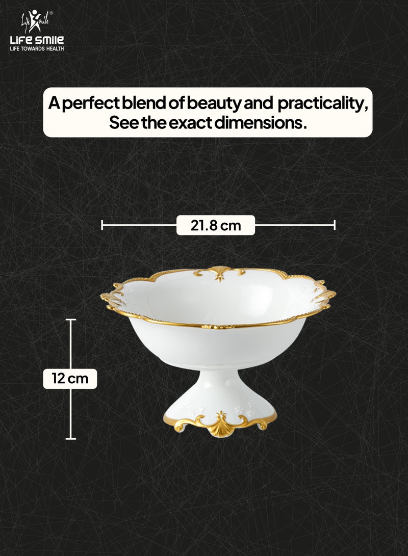 Life Smile وعاء تقديم دائري من البورسلين العظمي LIFE SMILE مع قاعدة ذهبية - سلة فواكه لتخزين الفواكه والخضروات والوجبات الخفيفة والمكسرات والكعك والحلويات - Image 3