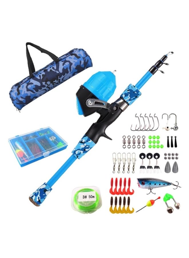طقم صنارة صيد وبكرة للأطفال، طقم كامل، صنارة صيد تلسكوبية بطول 1.2 متر، مع بكرة وخطافات، وإغراءات، وحقيبة حمل (أزرق) - Image 1