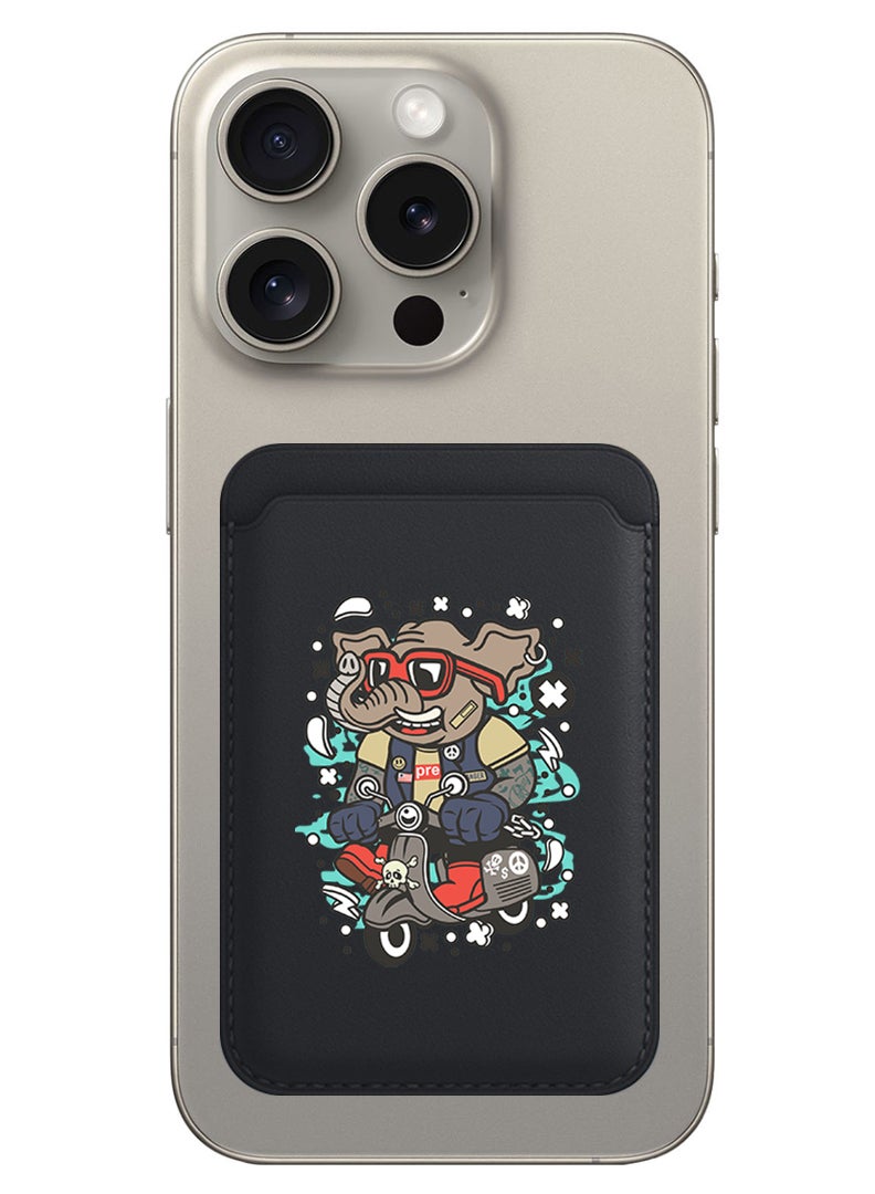 Theodor Magnetic Wallet, Compatible with MagSafe Wallet, for iPhone Wallet, for iPhone 16/15/14/13/12 Series, Not for iPhone 13/12 mini, 3 Card Holder, Vegan Leather, Black - Elephant on bike - Image 1