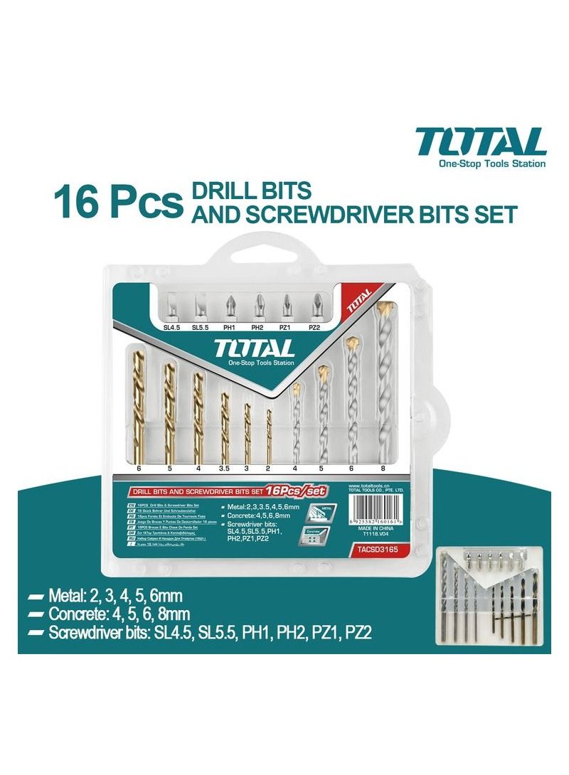 TOTAL T0TAL TACSD3165 16 Pcs Drill Bits And Screwdriver Bits Set, Multifunction Drill Bit Set - Image 1