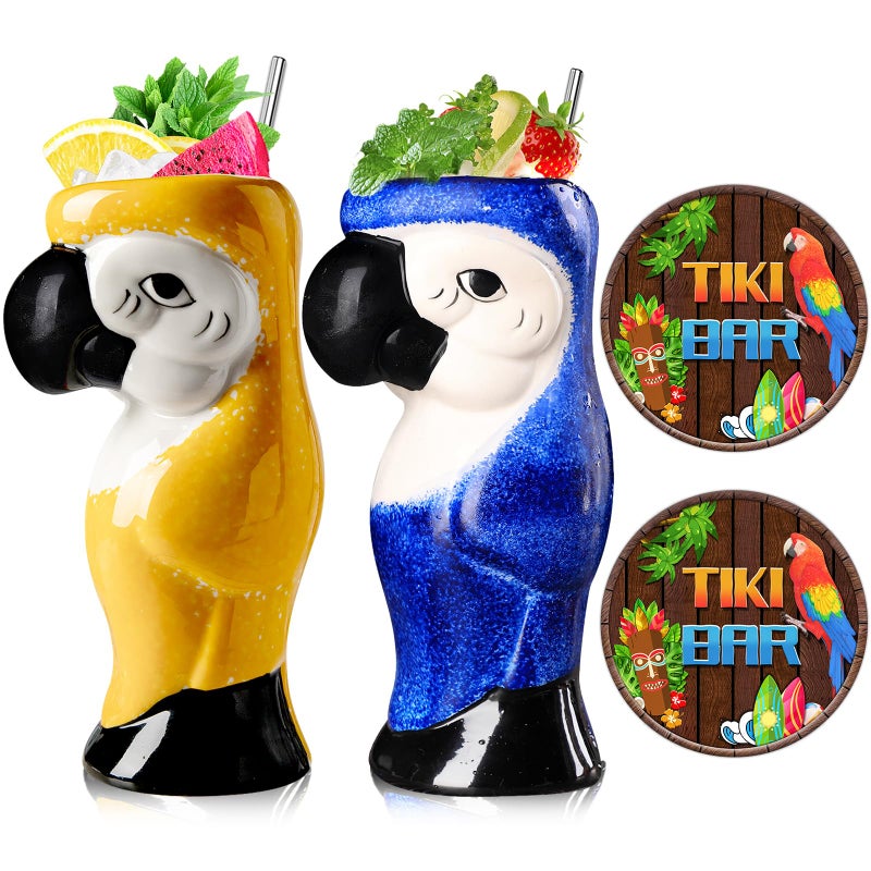 SuproBarware Tiki Mugs Set of 2  Large Parrot Cocktail Tiki Glasses Hawaiian Party Cute Exotic Cocktail Glasses Hawaiian Ceramic Mug