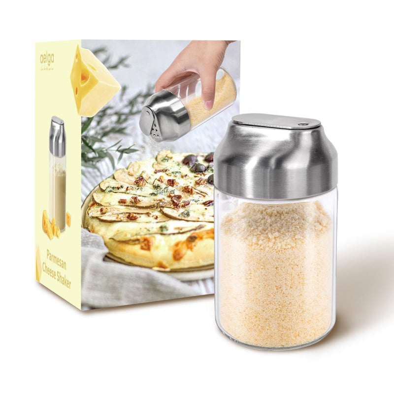 Aelga Parmesan Cheese Shaker Sugar Container - 12 OZ Glass Seasoning Spice Shakers with Adjustable Large Holes, Salt & Pepper Shakers with Stainless Tops - Image 1