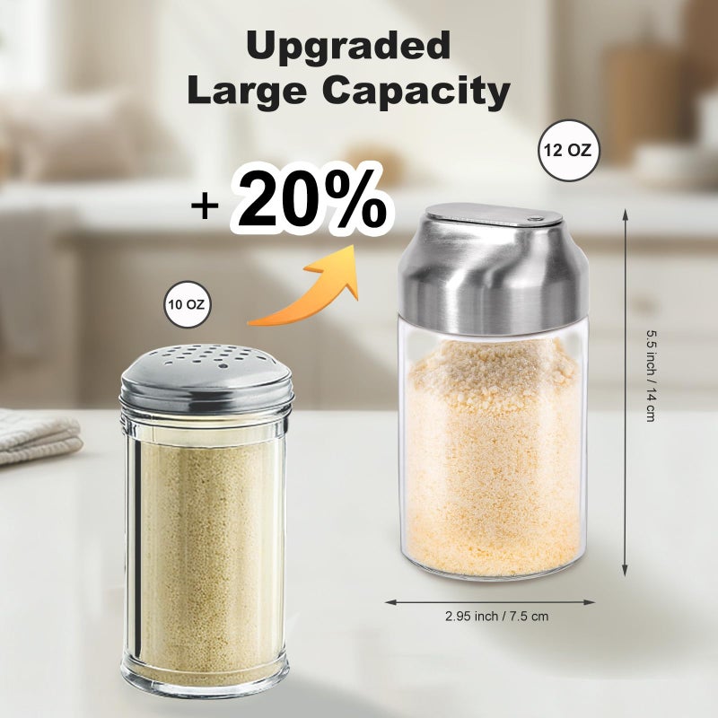 Aelga Parmesan Cheese Shaker Sugar Container - 12 OZ Glass Seasoning Spice Shakers with Adjustable Large Holes, Salt & Pepper Shakers with Stainless Tops - Image 3