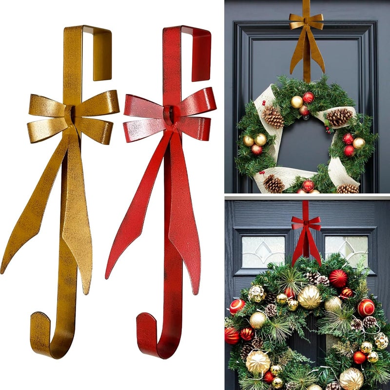 KEDONCHEN 2Pack Bow Wreath Hangers for Front Door,Christmas Decoration Metal Bow Door Wreath Hanger,Over The Door Christmas Wreath Hooks - Image 1