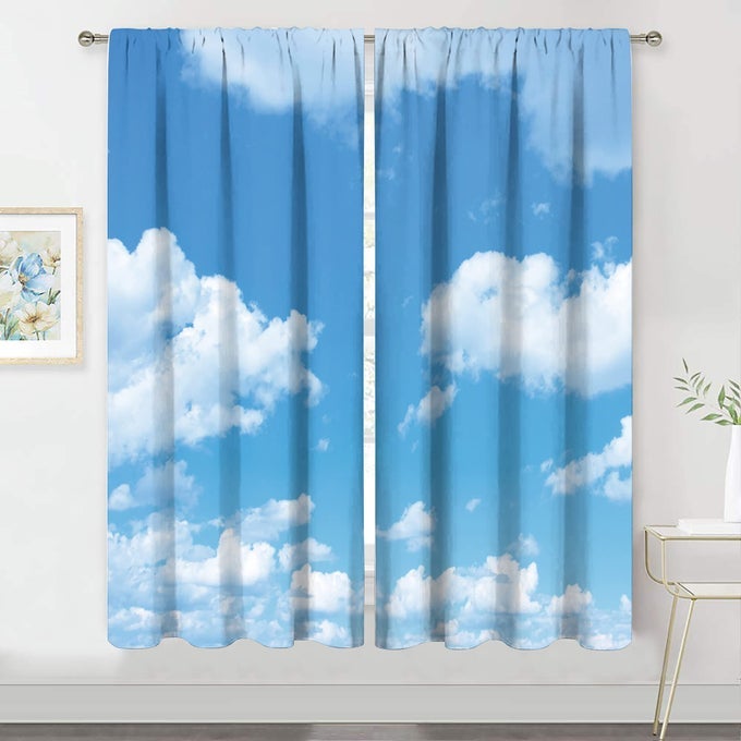 CLOUD CURTAINS 42W X 63H INCH ROD POCKET KIDS CURTAINS BABY LIGHT BLUE WHITE SKY BEDROOM DECOR BOYS GIRLS NURSERY PLAYROOM CURTAINS NATURAL LANDSCAPE SCENERY CLASSROOM WINDOW DRAPES 2 PANEL