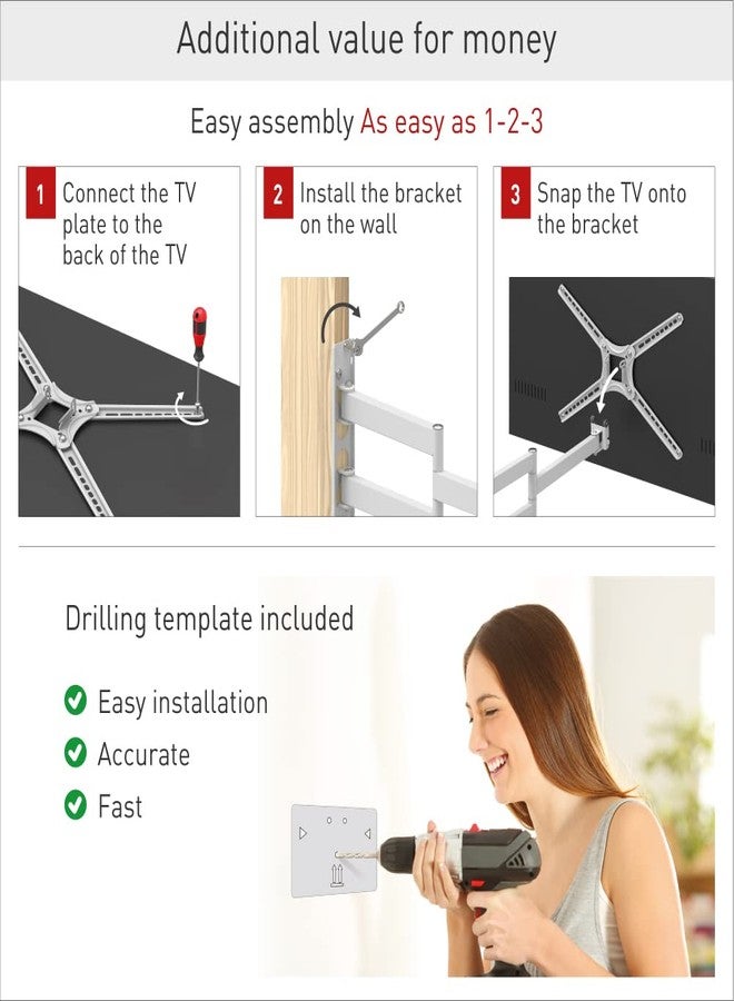 Barkan White TV Wall Mount, 13-65 inch Full Motion Articulating - 4 Movement Flat/Curved Screen Bracket, Holds up to 88 lbs, Patented, UL Listed, Fits LED OLED LCD - Image 3