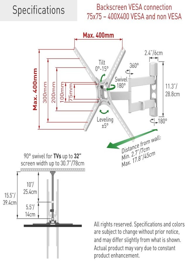 Barkan White TV Wall Mount, 13-65 inch Full Motion Articulating - 4 Movement Flat/Curved Screen Bracket, Holds up to 88 lbs, Patented, UL Listed, Fits LED OLED LCD - Image 5