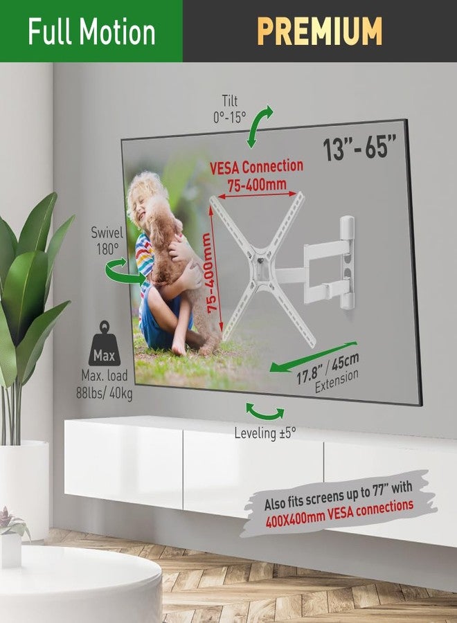 Barkan White TV Wall Mount, 13-65 inch Full Motion Articulating - 4 Movement Flat/Curved Screen Bracket, Holds up to 88 lbs, Patented, UL Listed, Fits LED OLED LCD - Image 2
