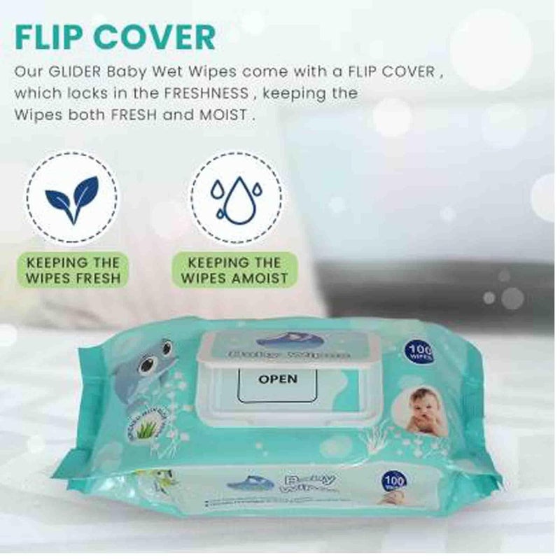 GLIDER Baby Wipes with Lid/Flip-top(100 Wipes/Pack) (Pack of 8 (800 Wipes)) - Image 2