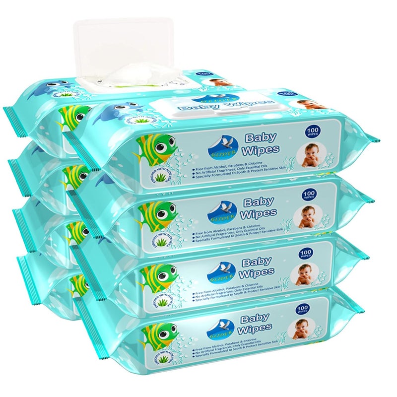 GLIDER Baby Wipes with Lid/Flip-top(100 Wipes/Pack) (Pack of 8 (800 Wipes)) - Image 1