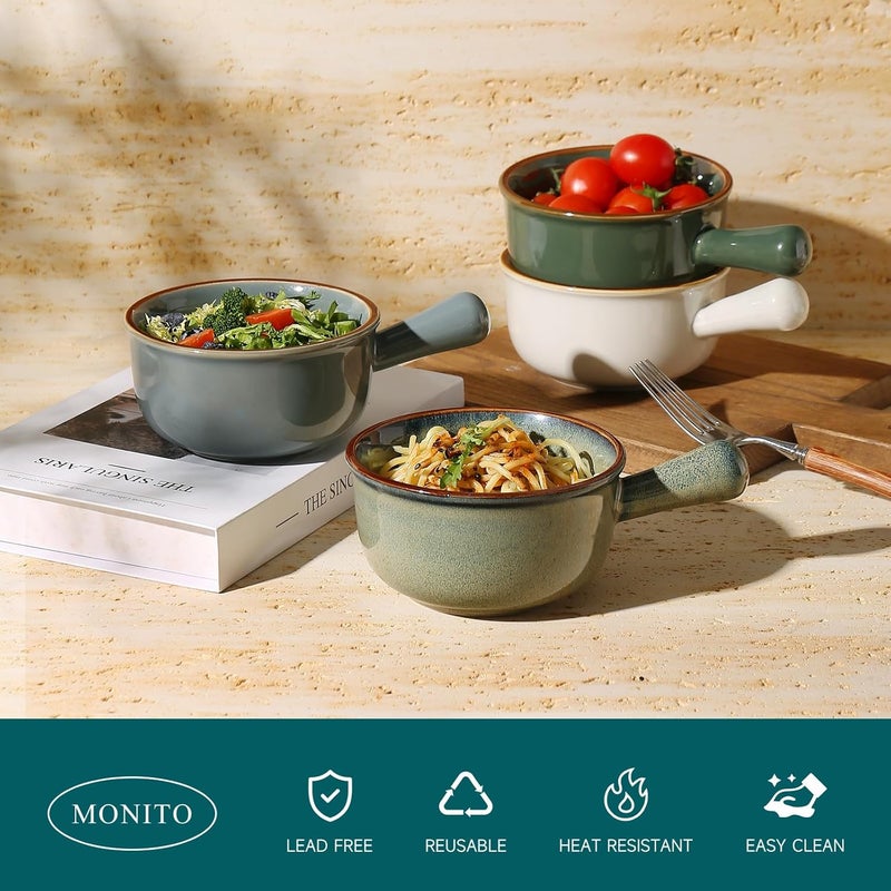 MONITO أوعية حساء البصل الفرنسي 16 أونصة من مونيطو، أوعية حساء سيراميك مع مقابض، أوعية حساء قابلة للتكديس، آمنة للاستخدام في الفرن والميكروويف وغسالة الصحون للحساء والجرانولا والطبق الرئيسي. - Image 3