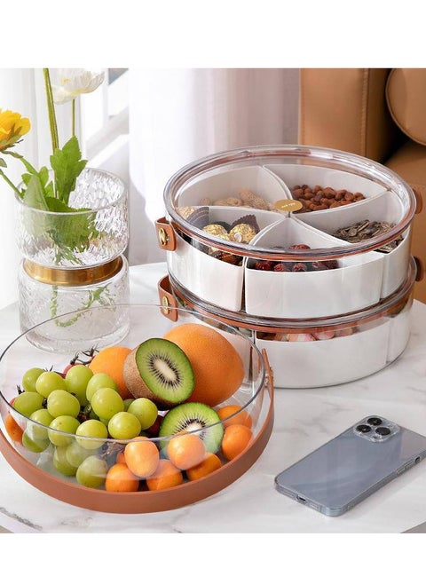 Get the leather-like handle candy serving tray with an elegant design and practical dividers for serving sweets, nuts, and dried fruits.  Made from high-quality materials, it features a transparent lid to keep contents clean and a leather-style handle for easy carrying—perfect for gatherings and stylish hosting.