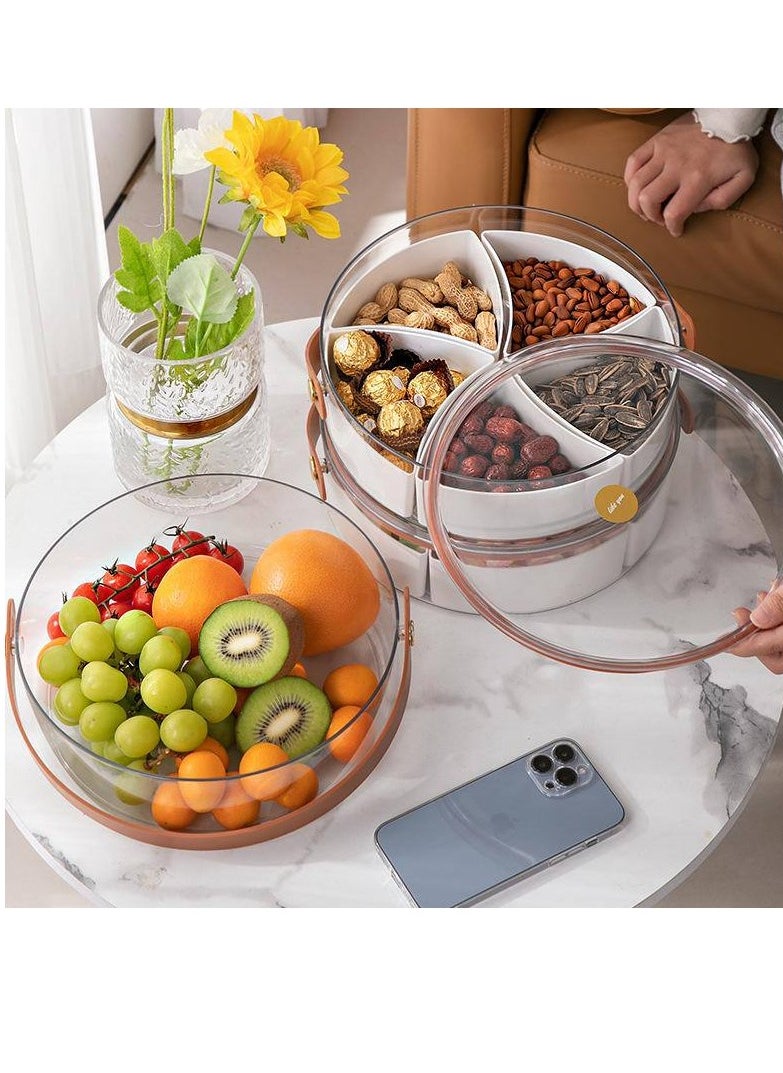 Get the leather-like handle candy serving tray with an elegant design and practical dividers for serving sweets, nuts, and dried fruits.  Made from high-quality materials, it features a transparent lid to keep contents clean and a leather-style handle for easy carrying—perfect for gatherings and stylish hosting.
