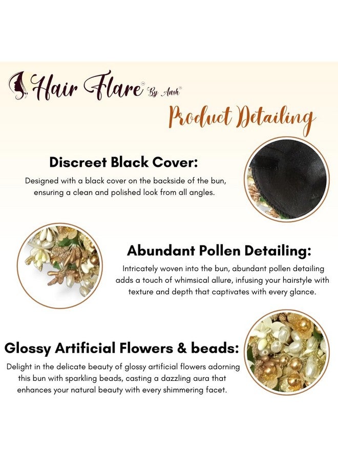 توهج الشعر كعكة شعر مزخرفة بالزهور الذهبية، كعكة ذهبية وخضراء مزينة بزهور صناعية لامعة وخرز وحبوب لقاح. تتضمن دبابيس جودا_2828 - Image 3