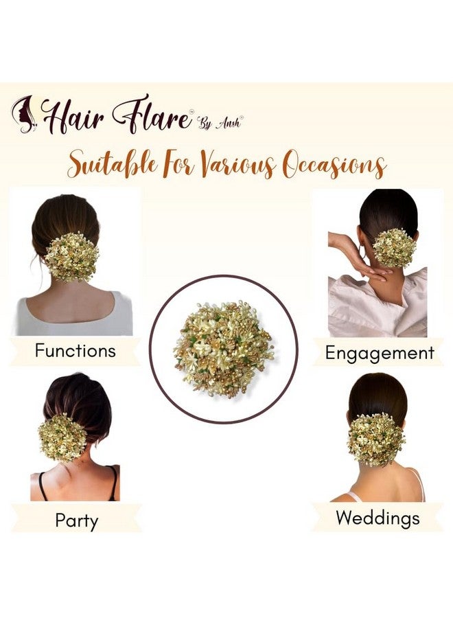 توهج الشعر كعكة شعر مزخرفة بالزهور الذهبية، كعكة ذهبية وخضراء مزينة بزهور صناعية لامعة وخرز وحبوب لقاح. تتضمن دبابيس جودا_2828 - Image 4