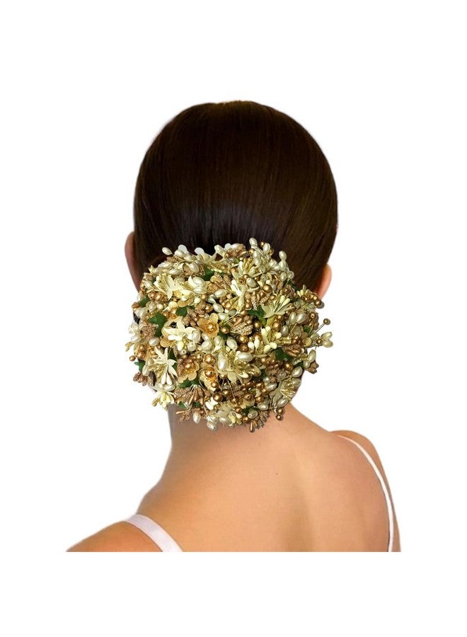 توهج الشعر كعكة شعر مزخرفة بالزهور الذهبية، كعكة ذهبية وخضراء مزينة بزهور صناعية لامعة وخرز وحبوب لقاح. تتضمن دبابيس جودا_2828 - Image 1
