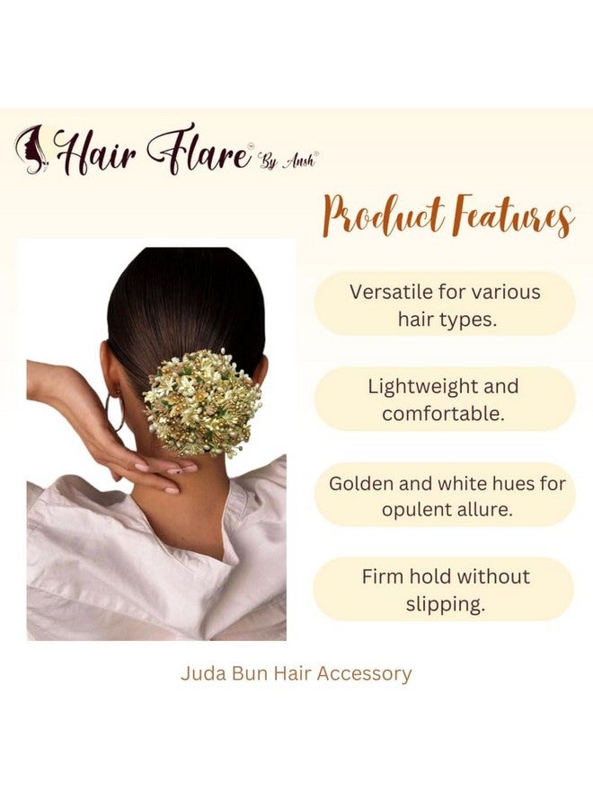 توهج الشعر كعكة شعر مزخرفة بالزهور الذهبية، كعكة ذهبية وخضراء مزينة بزهور صناعية لامعة وخرز وحبوب لقاح. تتضمن دبابيس جودا_2828 - Image 2