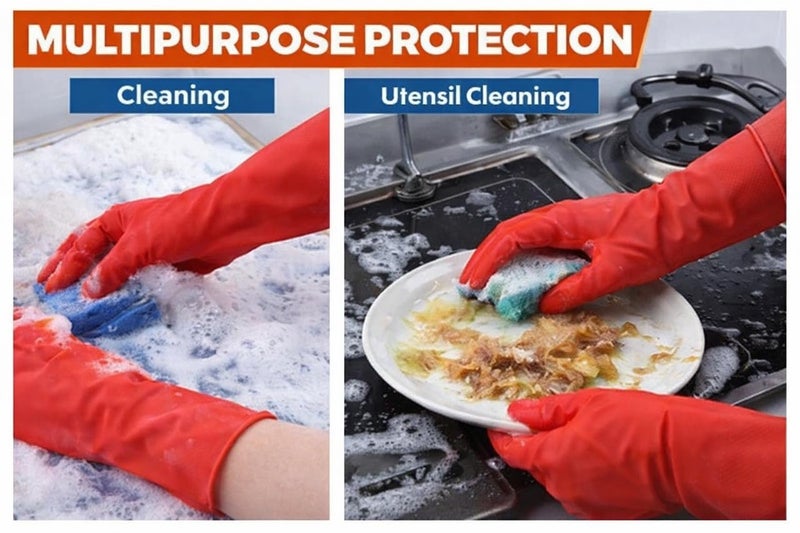 LADWA Premium Rubber Household Cleaning Gloves, Red Color Reusable Waterproof Gloves for Kitchen Cleaning, Dishwashing, Gardening and Bathroom Use with Durable Material (Pack of 1 Pair) - Image 4