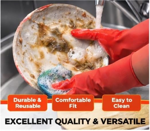 LADWA Premium Rubber Household Cleaning Gloves, Red Color Reusable Waterproof Gloves for Kitchen Cleaning, Dishwashing, Gardening and Bathroom Use with Durable Material (Pack of 1 Pair) - Image 2