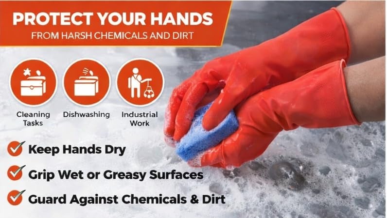 LADWA Premium Rubber Household Cleaning Gloves, Red Color Reusable Waterproof Gloves for Kitchen Cleaning, Dishwashing, Gardening and Bathroom Use with Durable Material (Pack of 1 Pair) - Image 3