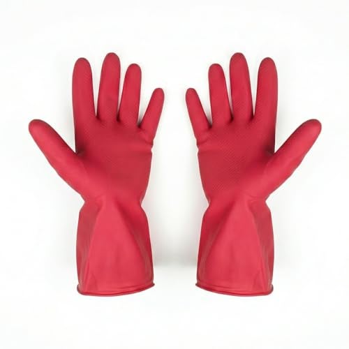 LADWA Premium Rubber Household Cleaning Gloves, Red Color Reusable Waterproof Gloves for Kitchen Cleaning, Dishwashing, Gardening and Bathroom Use with Durable Material (Pack of 1 Pair) - Image 1