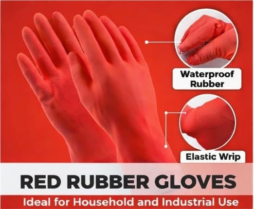 LADWA Premium Rubber Household Cleaning Gloves, Red Color Reusable Waterproof Gloves for Kitchen Cleaning, Dishwashing, Gardening and Bathroom Use with Durable Material (Pack of 1 Pair) - Image 5