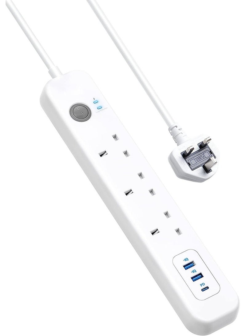 PowerMax White 3-Port Hub with 2 USB Ports and 2 USB-C Ports with Super Fast PD Technology, Multi-Port Socket Suitable for All Devices, 3 Meters Long - White MX69 - Image 1