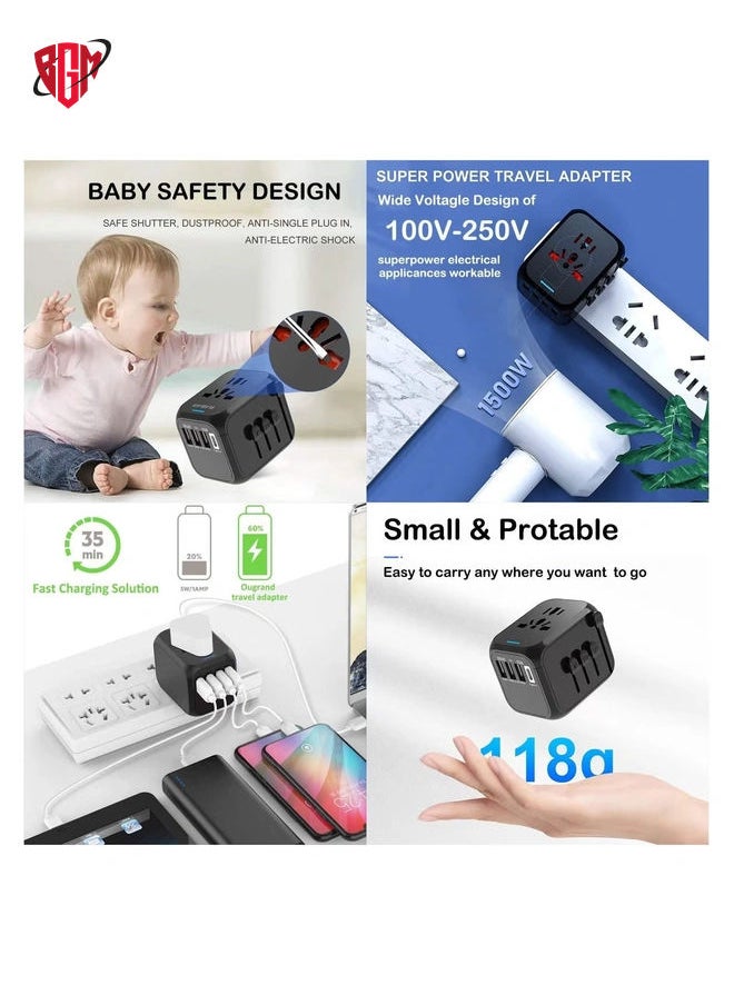 Universal Travel Adapter Plug with 3 USB & 1 Type-C Port,Fast Wall Plug Adapter Socket with UK/EU/AU/US Plugs,Multiport Charger Plug Converter