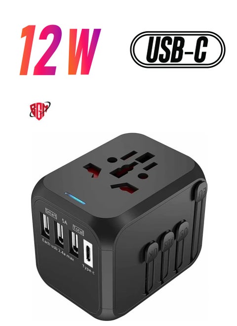 Universal Travel Adapter Plug with 3 USB & 1 Type-C Port,Fast Wall Plug Adapter Socket with UK/EU/AU/US Plugs,Multiport Charger Plug Converter