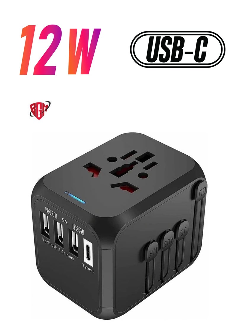 Universal Travel Adapter Plug with 3 USB & 1 Type-C Port,Fast Wall Plug Adapter Socket with UK/EU/AU/US Plugs,Multiport Charger Plug Converter