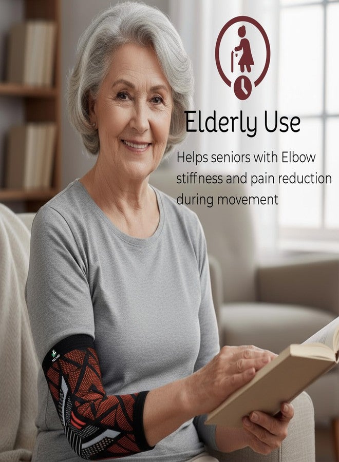 أكمام ضاغطة داعمة للمرفق من النايلون الممتاز من NECARE (زوج واحد)، للرجال والنساء (مقاس صغير، أسود-أحمر) - Image 4