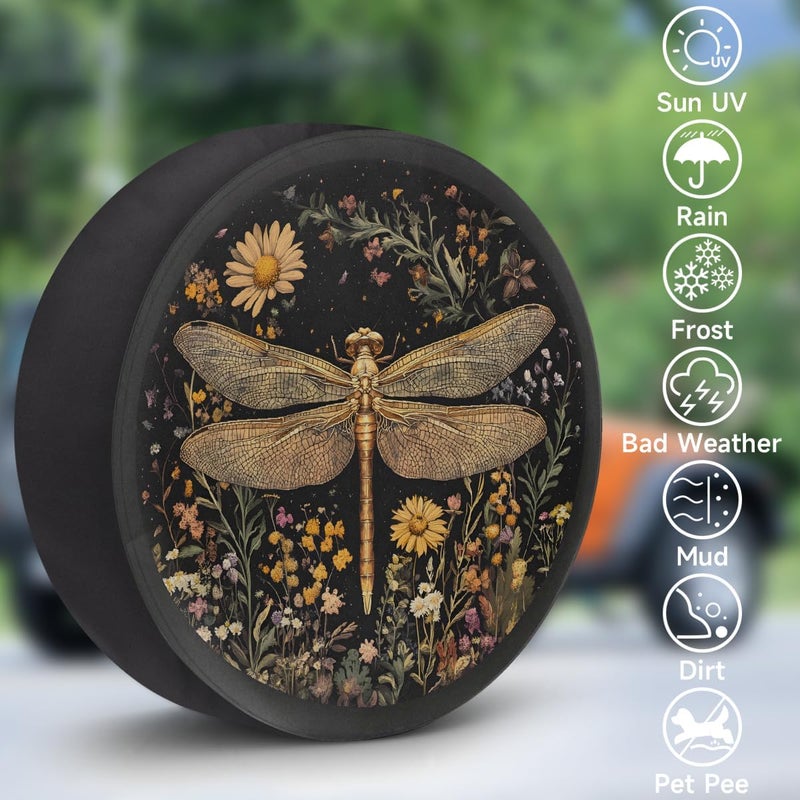 cfpolar Spare Tire Cover for RV Trailer, Dragonfly Flower Waterproof Sun Leather Wheel Cover, Camper Spare Tire Covers Fit for Jeep Travel Trailer SUV Truck Accessories (16 in for Diameter 29” - 31”),A-82 - Image 3
