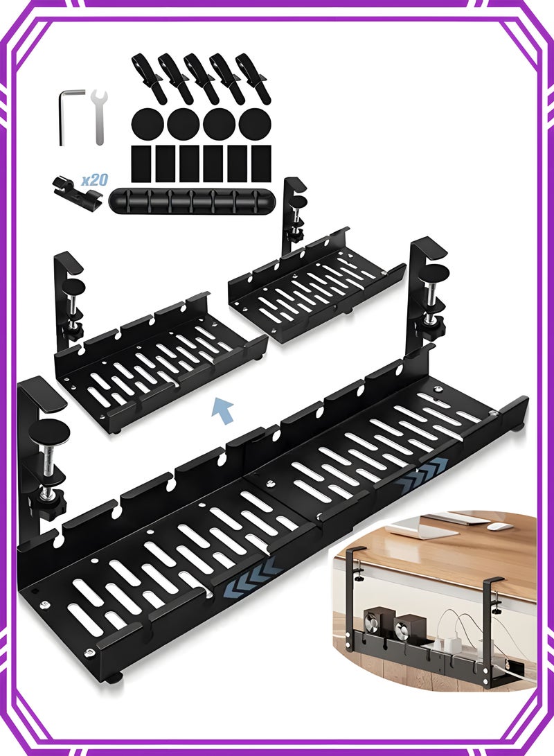 APEX Adjustable Under Desk Cable Management, Computer Cable Cord Wire Organizer Tray with Clamp Mount, No Drill No Damage Sturdy Metal Retractable Holder Basket for Home Office - Image 1