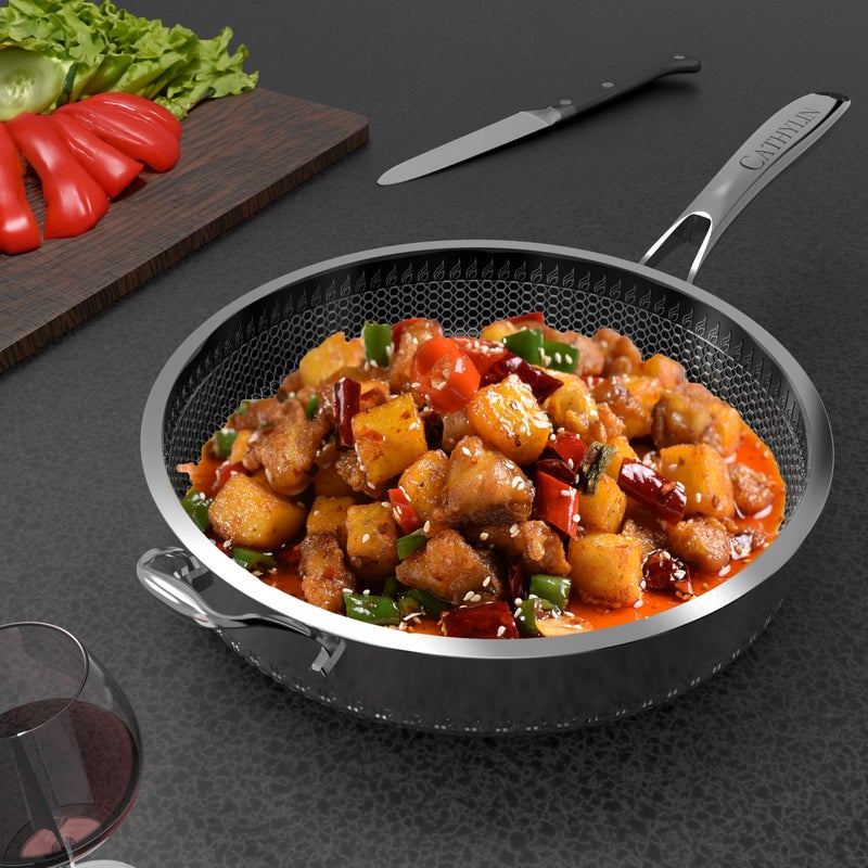 CATHYLIN 316L Stainless Steel 8QT Frying Pan Hexagon Nonstick Wok with Lid,Single Handle to Hold, PFOA Free, Dishwasher Oven Safe (8QT/Single Handle) - Image 5