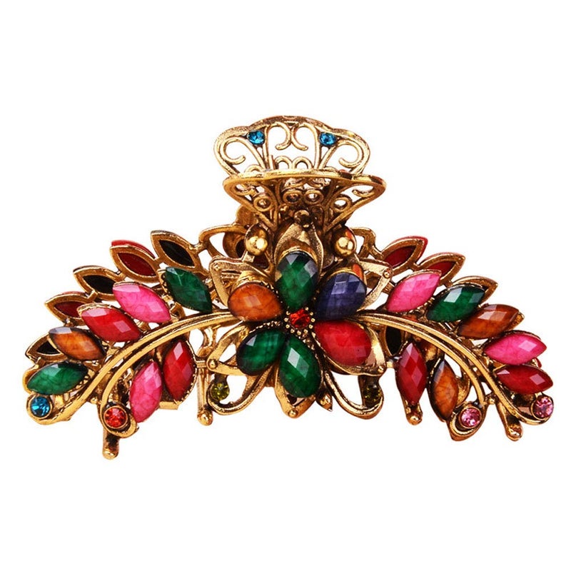 Suoirblss Large Metal Rhinestone Alloy Hair Claw Jaw Clip Retro Flowers Hair Clip Fancy Hair Barrette Clamp for Women and Girls Thick Hair Colourful