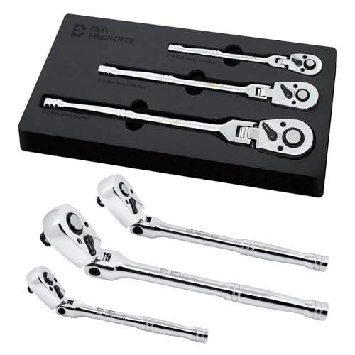 Der Erwachte 3-Piece Flex-Head Ratchet Set, 1/4", 3/8", 1/2" Drive Ratchet, 72-Tooth with Quick-Release Reversible Design, Chrome Alloy Made, Fully Polished,with EVA Foam - Image 1