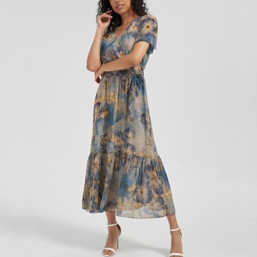 Max Hsuan Women's Summer Bohemian Floral Chiffon Dress Cap Sleeve V Neck Ruffle Long Flowy Boho Casual Vacation Dresses - Image 3