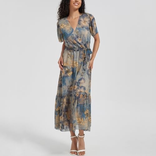 Max Hsuan Women's Summer Bohemian Floral Chiffon Dress Cap Sleeve V Neck Ruffle Long Flowy Boho Casual Vacation Dresses - Image 4