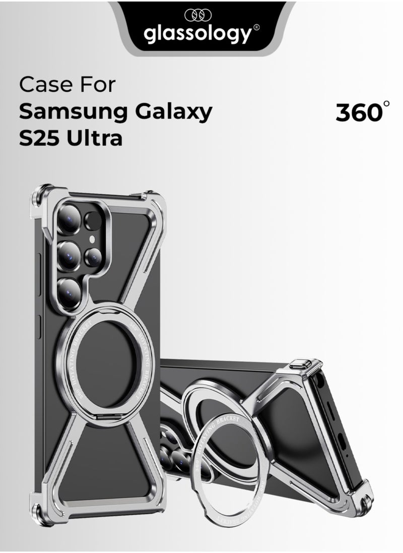 glassology Borderless Aluminum Case for Samsung Galaxy S25 Ultra Titanium Silver : Featuring 360° Rotating Adjustable Ring Stand, Magnetic Case, Shockproof Design, and Wireless Charging Compatibility  - Image 1