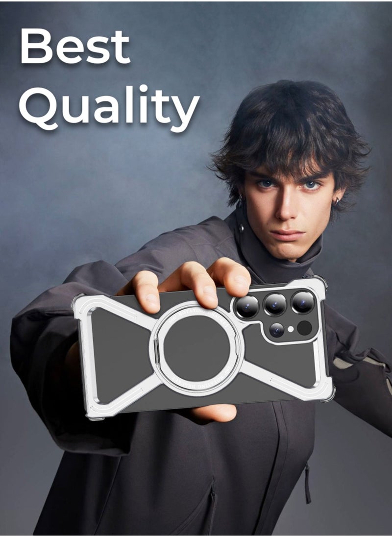 glassology Borderless Aluminum Case for Samsung Galaxy S25 Ultra Titanium Silver : Featuring 360° Rotating Adjustable Ring Stand, Magnetic Case, Shockproof Design, and Wireless Charging Compatibility  - Image 2