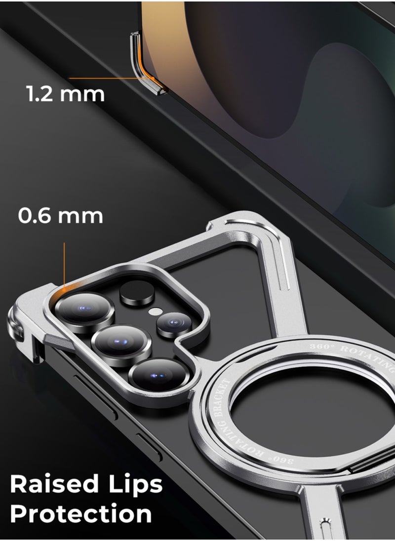glassology Borderless Aluminum Case for Samsung Galaxy S25 Ultra Titanium Silver : Featuring 360° Rotating Adjustable Ring Stand, Magnetic Case, Shockproof Design, and Wireless Charging Compatibility  - Image 3