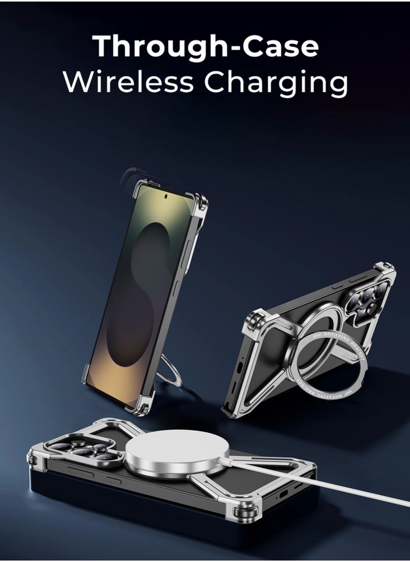 glassology Borderless Aluminum Case for Samsung Galaxy S25 Ultra Titanium Silver : Featuring 360° Rotating Adjustable Ring Stand, Magnetic Case, Shockproof Design, and Wireless Charging Compatibility  - Image 4