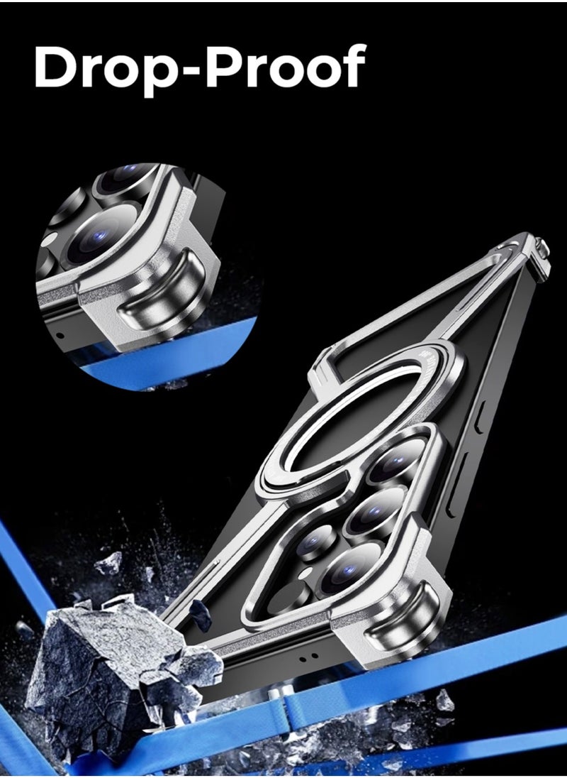glassology - Borderless Aluminum Case for Samsung Galaxy S25 Ultra Titanium Silver : Featuring 360° Rotating Adjustable Ring Stand, Magnetic Case, Shockproof Design, and Wireless Charging Compatibility - Image 1