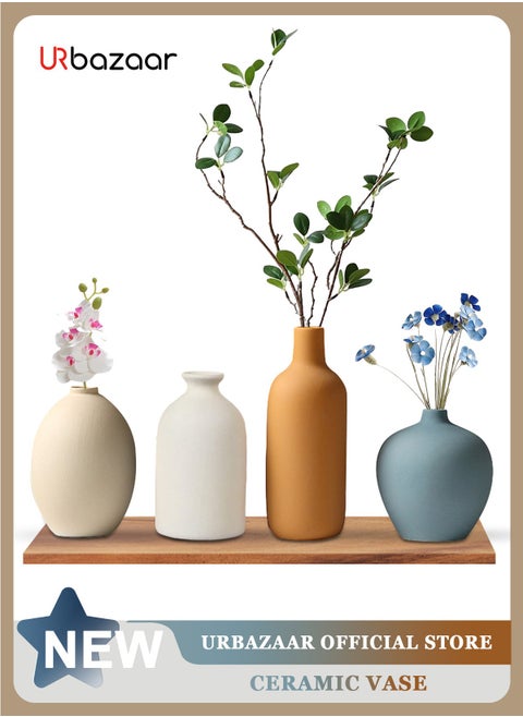 Colorful Ceramic Vase Set of 4, Small Rustic Vase for Country Home Decor, Small Vases Minimalism Style for Modern Home Living Room Shelf Table Bookshelf Mantel Entryway Decor