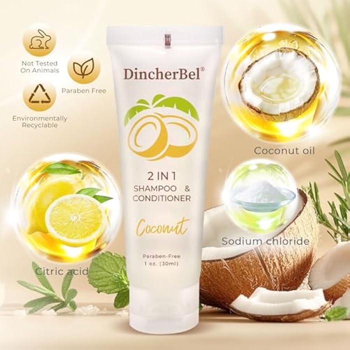 DincherBel Travel Size 2 in 1 Shampoo & Conditioner, Refreshing Tropical Coconut Scent Shampoo Amenities - Small Hotel Toiletries in Bulk (1 Fl Oz, 100 Pack) - Image 2