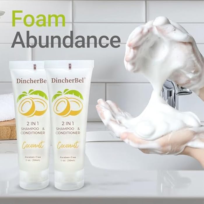 DincherBel Travel Size 2 in 1 Shampoo & Conditioner, Refreshing Tropical Coconut Scent Shampoo Amenities - Small Hotel Toiletries in Bulk (1 Fl Oz, 100 Pack) - Image 5